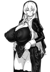 bangs closed_mouth clothes_lift covered_nipples cross-shaped_pupils dress dress_lift female hair_between_eyes highres houtengeki huge_nipples long_sleeves looking_at_viewer monochrome nun original pussy pussy_juice thighhighs thighs