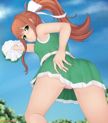 blue_sky cameltoe cheerleader doki_doki_literature_club eroneko eroneko-senpai eroneko_senpai green_eyes long_hair monika_(doki_doki_literature_club) panties pink_panties upskirt