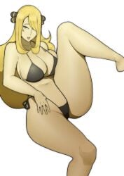 1girls big_breasts bikini blonde_hair breasts cynthia_(pokemon) doublehero eye_contact female game_freak hair_ornament light_skin long_hair looking_at_viewer nintendo pokemon pokemon_(game) pokemon_dppt solo thick_thighs thighs