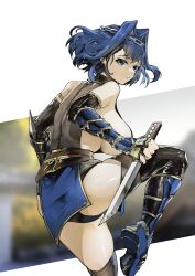 1girls armwear big_breasts hololive hololive_english hololive_english_-council- hololive_english_-promise- knife kunai kunoichi large_breasts looking_at_viewer ouro_kronii short_hair sideboob skindentation solo tagme thighs virtual_youtuber vyragami