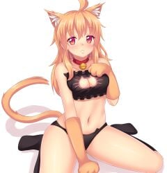 1girls bell bell_choker black_bra black_lingerie black_panties blonde_hair bra breasts cat_bell cat_ears cat_keyhole_bra cat_keyhole_lingerie cat_lingerie cat_pose cat_tail catgirl choker cleavage_cutout hand_on_chest kneeling lingerie long_hair looking_at_viewer medium_breasts midriff navel original panties pawpads red_eyes socks strapless_bra tiffy tiffynyaa wariza