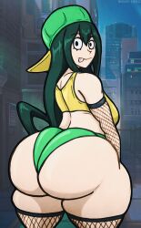 1girls ass backwards_hat big_ass big_breasts biggy_deez breasts eye_contact female female_focus female_only fishnet_legwear fishnet_shirt fishnet_stockings green_hair hat huge_ass light-skinned_female light_skin long_hair looking_at_viewer looking_back my_hero_academia shounen_jump solo solo_female standing thick_thighs tongue tongue_out tsuyu_asui