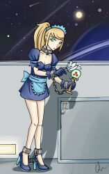 1girls ankle_cuffs apron blonde_hair breasts chains cleaning collar duster green_eyes high_heels looking_at_viewer maid maid_apron maid_headdress maid_uniform medium_breasts metroid nintendo ponytail samus_aran slave sozokureed space statue wrist_cuffs