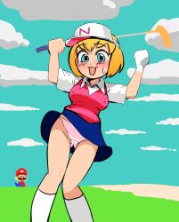 blonde_hair blood bloody_nose blue_eyes blue_skirt blue_sky boner boner_in_pants clouds hat maple_(mario) mario mario_(series) mario_golf nintendo nipple_bulge panties samutora_mike skirt skirt_up white_panties wind wind_lift windy_skirt