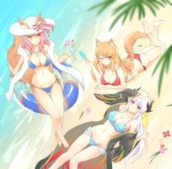 3girls beach big_breasts bikini cleavage fate/extra fate/grand_order fate_(series) hadoukirby kiyohime_(fate/grand_order) legs_up multiple_girls popsicle suzuka_gozen_(fate) swimsuit tagme tamamo_no_mae_(fate) tamamo_no_mae_(swimsuit_lancer) water