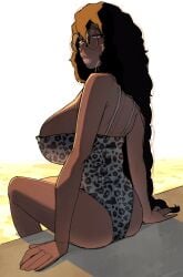 ass beach coli_(ohasi) dark-skinned_female glasses huge_breasts leopard_print long_hair nose_piercing ohasi sideboob swimsuit