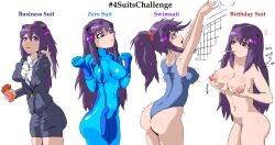 1girls 4_suits_challenge ass birthday_suit breasts business_suit doki_doki_literature_club english_text female female_only long_hair matching_hair/eyes motion_lines naked naked_female nipples nude nude_female nudity ponytail purple_eyes purple_hair rover_rabbit_(artist) solo solo_female swimsuit text white_background yuri_(doki_doki_literature_club) zero_suit