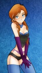 1girls anna_(frozen) black_panties blue_eyes blue_scarf breasts brown_hair corset disney freckles frozen_(film) garter_belt garter_straps gloves jago_dibuja lingerie looking_at_viewer medium_breasts midriff panties scarf thighhighs twin_braids twintails