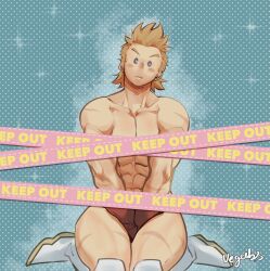 1boy blonde_hair blue_eyes cover covered_nipples covering covering_breasts legs male male_only mirio_togata my_hero_academia pose solo suggestive tights vegeebs