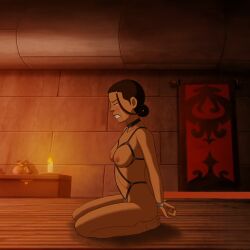 1girls accurate_art_style avatar_the_last_airbender blush bondage completely_nude crying dark-skinned_female full_body handcuffs harness katara leather medium_breasts munshin naked tears