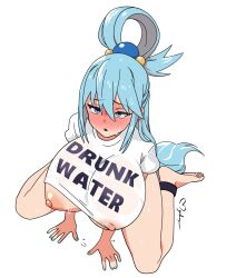 1girls aqua_(konosuba) areolae big_breasts blue_eyes blue_hair blush breasts clothes_writing drunk female female_only goddess huge_breasts kono_subarashii_sekai_ni_shukufuku_wo! light_skin long_hair myahogao nipples solo sweat sweatdrop wet wet_clothes