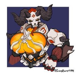 2d blizzard_entertainment breasts bust busty christomwow crazybunny4994 demon demon_orisa horn orisa overwatch robot smile tongue yellow_eyes