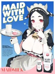 1girls advertisement black_hair blush breasts cleavage condom condom_wrapper cow_ears cow_girl cow_horns cow_print cowbell dress drink drinking_glass english_text female female_only heart hi_res large_breasts light-skinned_female light_skin looking_at_viewer maid maid_apron maid_headdress maid_outfit maid_uniform milk milk_bottle milk_carton mole mole_on_breast mole_under_eye original original_character poster red_eyes serving_tray short_hair smile unopened_condom_wrapper vertigris