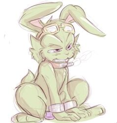 1boy 2016 anthro bucky_o'hare bucky_o'hare_(series) chains collar dandi digital_media_(artwork) dildo dildo_in_ass dildo_sitting goggles goggles_on_head green_fur handcuffs leash male male_only male_penetrating sex_toy sketch slave