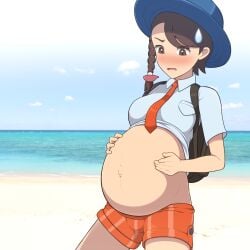 1girls beach braids breasts brown_hair clothed everyday2 female female_focus female_only fully_clothed game_freak hat interspecies juliana_(pokemon) light_skin medium_breasts nintendo no_text_version perky_breasts pokemon pokemon_(game) pokemon_sv pregnant shorts solo thighs uncensored white_body younger_female