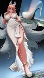 1girls big_breasts breasts destruction dress female fox_ears fox_girl fox_tail giantess high_heels kkasi00 legs long_hair long_legs macro