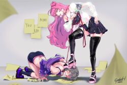 1boy 1girls artist_signature babypink_(vtuber) black_thighhighs blush clothed clothing collar demodatte_nanka_(gotoh) dominant_female double_bun female femboy femdom filthy_degenerate_(filthydegenera6) kneeling latex latex_thighhighs leash leash_and_collar light-skinned_female light-skinned_male light_skin looking_at_partner male malesub nosebleed papers pink_eyes pink_hair stepped_on stepping_on_head stepping_on_male submissive_male thighhighs virtual_youtuber yellow_eyes