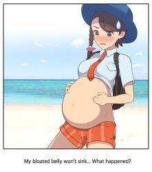 1girls beach braids breasts brown_hair clothed english_text everyday2 female female_focus female_only fully_clothed game_freak hat interspecies juliana_(pokemon) light_skin medium_breasts nintendo pokemon pokemon_(game) pokemon_sv pregnant shorts solo text thighs uncensored white_body