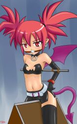 1girls arms_tied_behind_back ball_gag bat11 belt black_bra black_skirt bondage bra breasts collar crying_with_eyes_open demon_girl demon_tail demon_wings disgaea drool etna gag gagged gloves midriff navel nippon_ichi_software red_eyes red_hair skirt skull_earrings small_breasts spreader_bar tears thighhighs twintails wooden_horse