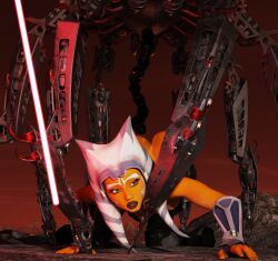 3d ahsoka_tano black_boots black_bra black_legwear blue_eyes crawling darth_maul defeated defeated_heroine imminent_rape lava lightsaber orange_body orange_skin ribs scared skin_tight skinny small_breasts star_wars that3dartist the_clone_wars:_season_seven togruta