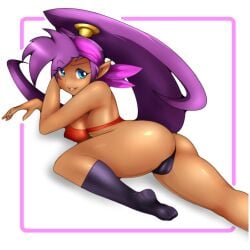 1girls blue_eyes breasts cleavage dark-skinned_female female female_only genie large_ass large_breasts long_hair looking_up_at_viewer madartraven ponytail purple_hair shantae shantae_(character) smooth_skin solo underwear