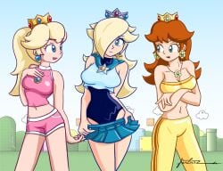 3girls blue_eyes bra breasts brown_hair crop_top crown earrings female female_only flower_earrings furboz hair_over_one_eye large_breasts long_hair mario_(series) medium_hair navel necklace nintendo one-piece_swimsuit platinum_blonde_hair ponytail princess_daisy princess_peach princess_rosalina school_swimsuit shorts skirt skirt_pull star_earrings super_mario_bros. swimsuit swimsuit_under_clothes undressing yellow_bra yoga_pants