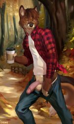 anthro canid canine canis chunie detailed_background flashing furry genitals looking_at_viewer male mammal smile solo tagme testicles tongue tongue_out undressing wink