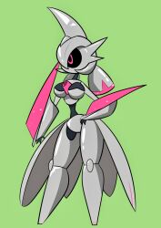 dar-k-ng female female_focus female_only female_pokemon green_background hand_on_hip iron_valiant large_breasts paradox_pokemon pink_eyes pokémon_(species) pokemon robot robot_girl robot_joints shiny_pokemon skinny slender_waist