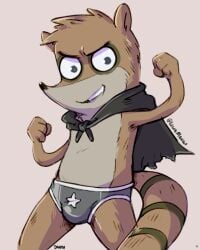 1boy 2017 bulge cape cartoon_network color dandi digital_media_(artwork) furry furry_only latex latex_underwear male_only pinup regular_show rigby rigby_(regular_show) small_bulge underwear warner_brothers