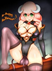 blush breasts cleavage green_eyes halloween horns large_ass large_breasts looking_at_viewer madartraven pink_hair shy succubus tail thick_thighs thighhighs wide_hips