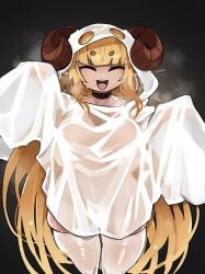 1girls anila_(granblue_fantasy) bangs blonde_hair blunt_bangs choker closed_eyes curved_horns draph draph_race_(granblue_fantasy) female female_only ghost_costume granblue_fantasy halloween halloween_costume hi_res horns long_hair looking_at_viewer nude_underneath open_mouth pose smiling smiling_at_viewer solo thick_thighs thigh_squish thighhighs white_thighhighs zanamaoria