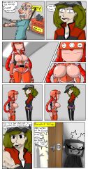 breasts comic comic_page green_hair hi_res large_ass large_breasts long_hair old_man robot_girl sex_bot text thick_thighs vendant wide_hips