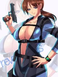 1girls big_breasts biohazard blue_eyes bodysuit brunette cameltoe capcom cleavage clothing curvy erect_nipples female female_focus female_only huge_areolae huge_ass jill_valentine jill_valentine_(amra_sila) jpeg puffy_nipples resident_evil resident_evil_revelations solo standing thick_lips unzipped_bodysuit voluptuous wetsuit wide_hips yurugamer39_(ri~hu)