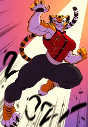 1girls anthro armpits big_breasts cheek_tuft claws clothed female fully_clothed kung_fu_panda master_tigress muscular muscular_female pawpads paws pokkuti sharp_teeth tagme tiger yellow_sclera