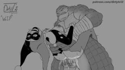 16:9 alligator alligatorid anthro batman_(series) bodily_fluids clown clown_makeup comic comic_book crocodile crocodilian crocodylid cum cum_drip cum_in_pussy cum_inside dc_comics dirtyt's dripping dripping_pussy female feral fucked_silly genital_fluids greyscale happy happy_sex harley_quinn hi_res human humanoid killer_croc male male/female mammal monochrome reptile scalie sex standing standing_sex text unfinished url widescreen