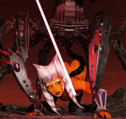 3d ahsoka_tano black_boots black_bra black_legwear blue_eyes crawling darth_maul defeated defeated_heroine imminent_rape lava lightsaber orange_body orange_skin ribs scared skin_tight skinny small_breasts star_wars that3dartist the_clone_wars:_season_seven togruta