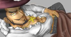 1boy 1male beard belt cross_necklace dracule_mihawk enzobara hand_on_crotch hat male male_only muscular muscular_male one_piece wearing_hat white_shirt yellow_eyes