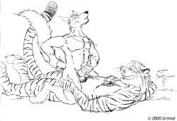 2000 anal anthro balls black_and_white canid canine cowgirl_position duo ejaculation erection felid from_front_position genitals grimal grin gtskunkrat holding_tail jewelry male male/male mammal masturbation monochrome muscular necklace nude on_bottom on_top pantherine sex smile tiger