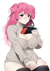 1girls :/ babypink_(vtuber) blush breast_window chubby double_bun female female_only game_console gamer gamer_girl indie_virtual_youtuber light-skinned_female light_skin nintendo_switch pink_eyes pink_hair reoxxx_(fiverr_artist) simple_background solo sweater timid virtual_youtuber white_background