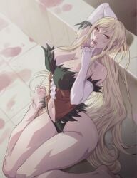 arttoru bakemonogatari g-string hourglass_figure huge_breasts kiss-shot_acerola-orion_heart-under-blade kizumonogatari monogatari_(series) on_knees oshino_shinobu thick_thighs vampire