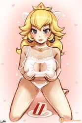 blonde_hair blue_eyes breasts cake cat_lingerie earrings female heart holding_breast kneeling large_breasts long_hair looking_at_viewer lumineko mario_(series) nintendo princess_peach simple_background solo