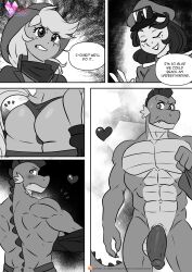 anthro anthrofied applejack_(mlp) ass balls blush breasts clothed clothing comic dialogue dragon english_text equid equine female friendship_is_magic genitals hasbro heart hi_res male mammal monochrome muscular muscular_male my_little_pony nude page_5 penis pia-sama smooth_skin spike_(mlp) text thong underwear