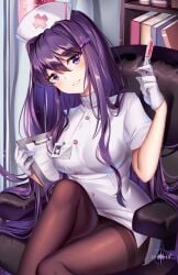 1girls books bookshelf breasts clipboard doki_doki_literature_club gloves hairclip holding_clipboard holding_syringe id_card large_breasts long_hair looking_at_viewer name_tag needle nurse nurse_cap nurse_uniform office_chair pantyhose purple_eyes purple_hair sitting_on_chair squchan syringe yuri_(doki_doki_literature_club)