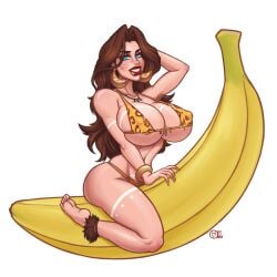 1girls banana bikini breasts cleavage donkey_kong_(series) female female_only huge_breasts hyper hyper_breasts mario_(series) nintendo pauline raiounsfw solo tribal_markings