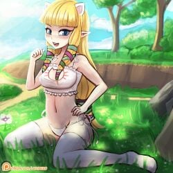 1girls blonde_hair blue_eyes bra breasts cat_ears cat_keyhole_bra cat_keyhole_lingerie cat_lingerie cleavage_cutout grass kneeling large_breasts lingerie long_hair looking_at_viewer lumineko midriff navel nintendo outside panties princess_zelda side-tie_panties skyward_sword the_legend_of_zelda thighhighs trees white_bra white_lingerie white_panties zelda_(skyward_sword)