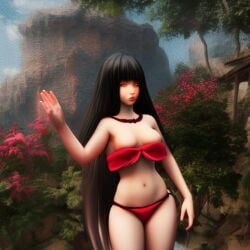 1girls ai_generated bandeau_bikini bikini black_hair breasts brown_eyes cleavage female female_only legs long_hair looking_at_viewer medium_breasts nakoruru navel necklace outdoors red_bikini samurai_shodown snk solo thighs