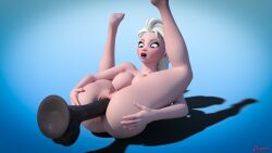 1girls 3d anal anal_insertion anus dildo disney elsa_(frozen) frozen_(film) kaepora_(artist) legs_up masturbation nipples plain_background pussy sex_toy white_hair