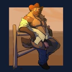 anthro bodily_fluids bottomwear clothed clothing cowboy cowboy_hat denim denim_clothing fence genital_fluids genitals hat headgear headwear hi_res hyaenid hyponova jeans leaking_precum leaning leaning_back male mammal neck_tuft nipples open_clothing open_shirt open_topwear pants pecs penis precum revealing_clothes shirt solo spotted_hyena topwear tuft