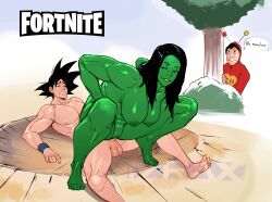 1girls 2boys 2d big_breasts bigger_female black_hair breasts chapulin_colorado chespirito completely_nude cowgirl_position crossover dragon_ball dragon_ball_(series) eastern_and_western_character el_chapulin_colorado female fortnite green-skinned_female green_skin hiding hulk_(series) interspecies izra marvel marvel_cinematic_universe marvel_comics muscular_female muscular_male nude_female nude_male reverse_cowgirl_position riding_penis scared scared_expression sex she-hulk son_goku squatting_cowgirl_position straight voyeur watching watching_sex weird_crossover