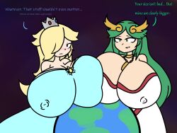 2girls big_breasts blush breasts breasts_bigger_than_head breasts_touching company_connection crossover crown dialogue earth female female_only hair_covering_eye huge_breasts hyper hyper_breasts kid_icarus lolsk long_hair mario_(series) multiple_girls nintendo nipples_visible_through_clothing palutena princess_rosalina request tagme text